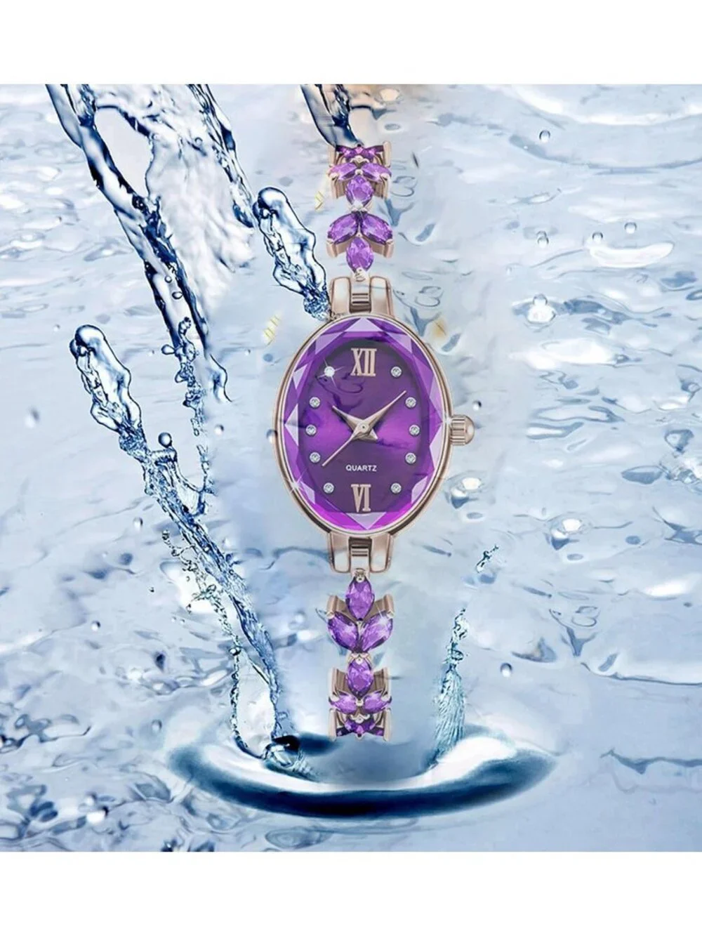 Women's Rose Gold Purple Quartz Petal Casual Bracelet Simulated Luxury Watch